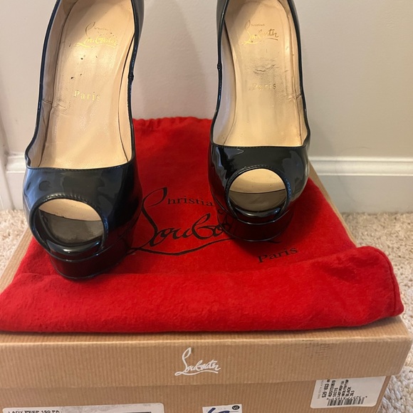 AUTHENTIC CHRISTIAN LOUBOUTIN Lady Peep 150 black patent calf leather pumps - Picture 5 of 9